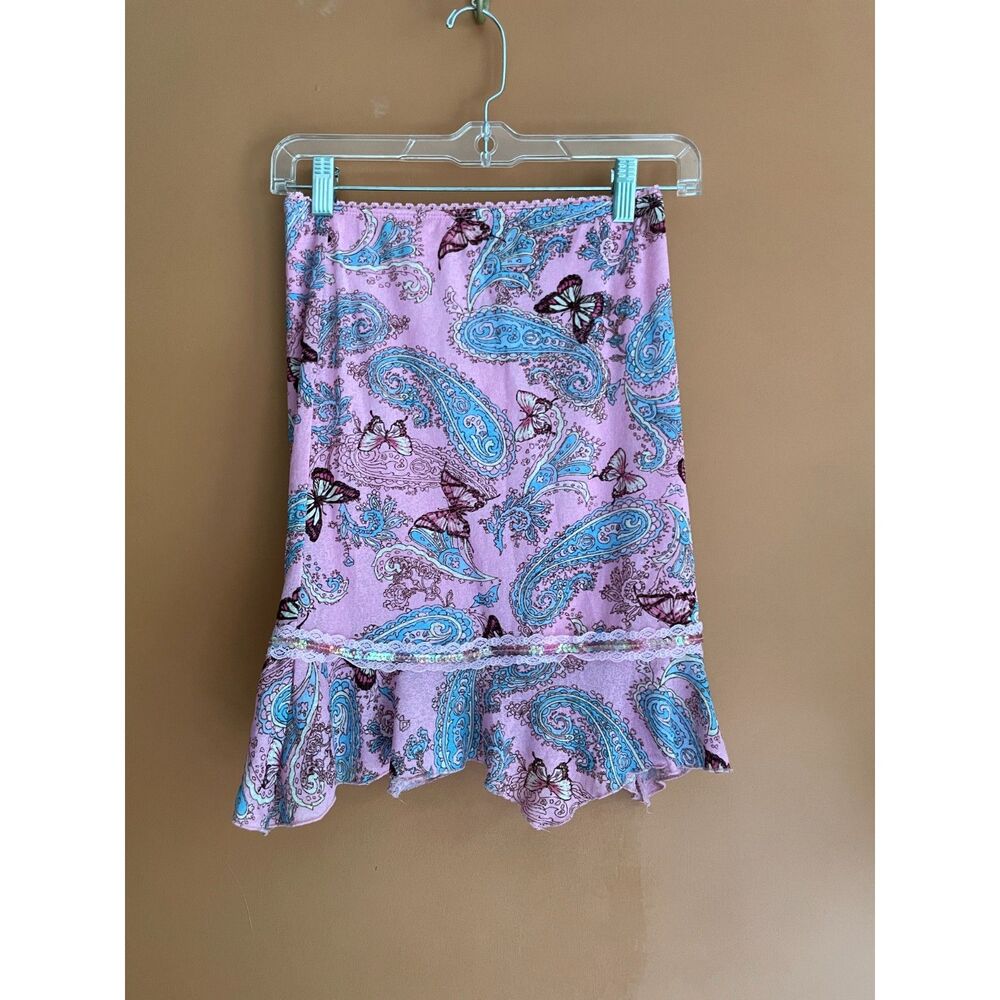 Candieβs Y2K Pink Paisley Butterfly Skirt Lace Sequin Ruffle Hem M